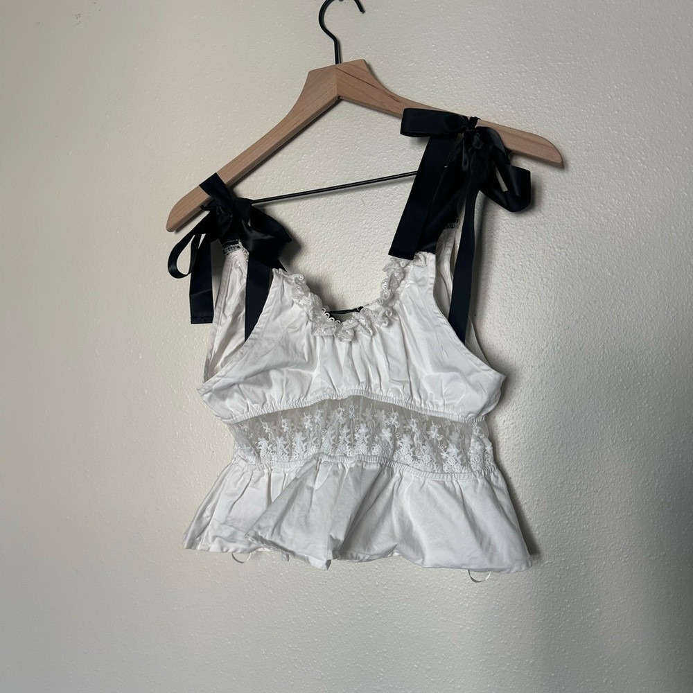 Fairy Coquette Lace Bow Crop Elegant White Tank Top with Black Accents Women's M - Picture 4 of 4